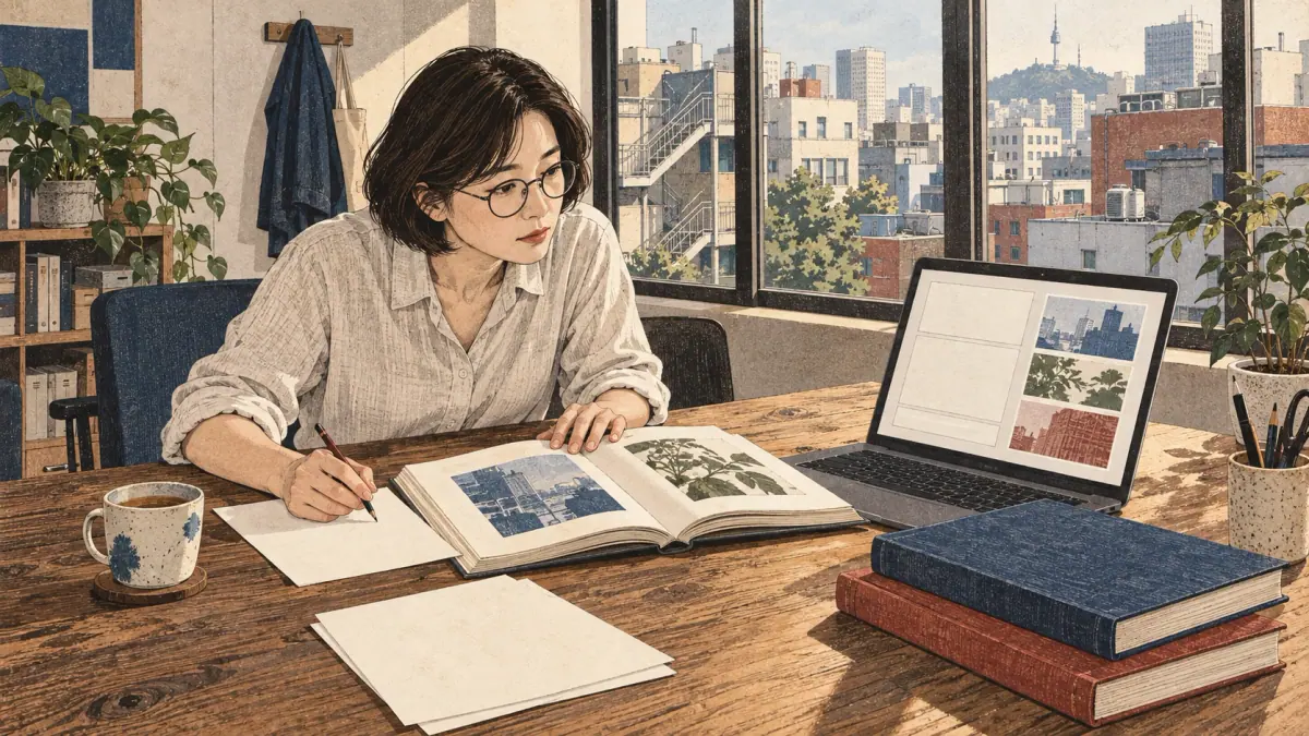 An editor compares a digital draft with reference materials at a Seoul workspace.