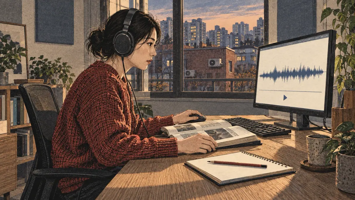 A listener wearing headphones checks an audio clip against an open reference book in Seoul.