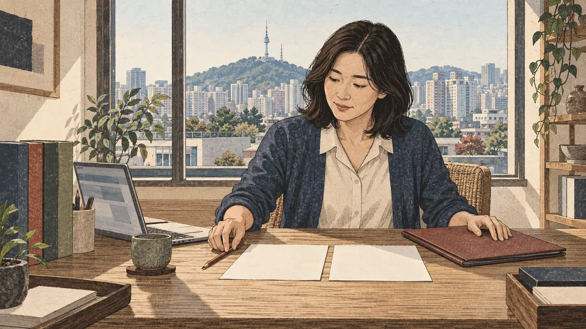 An illustrative Korean language reviewer prepares lesson materials at a Seoul studio desk.