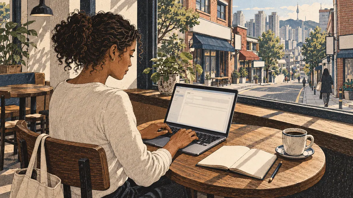 An adult learner composes an email on a laptop at a Seoul café window.