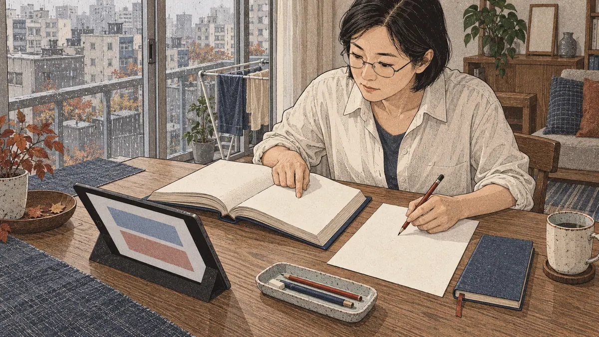 A reviewer compares a reported lesson issue with a reference book in a Seoul workspace.
