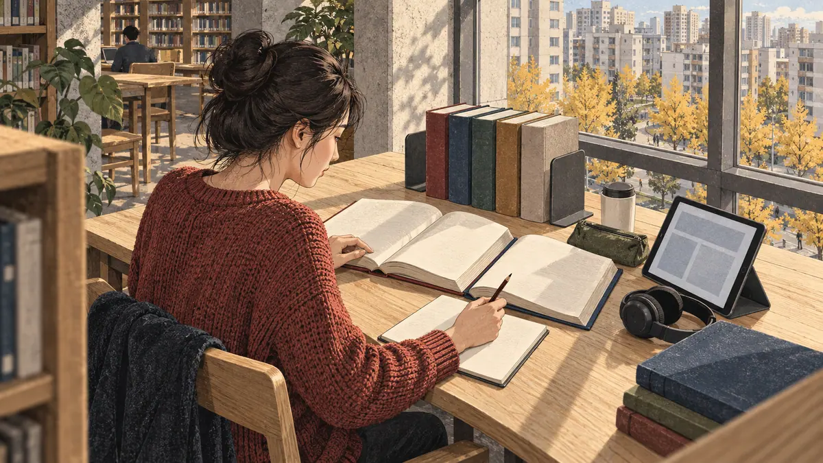 A learner compares reference sources at a contemporary Seoul library table.