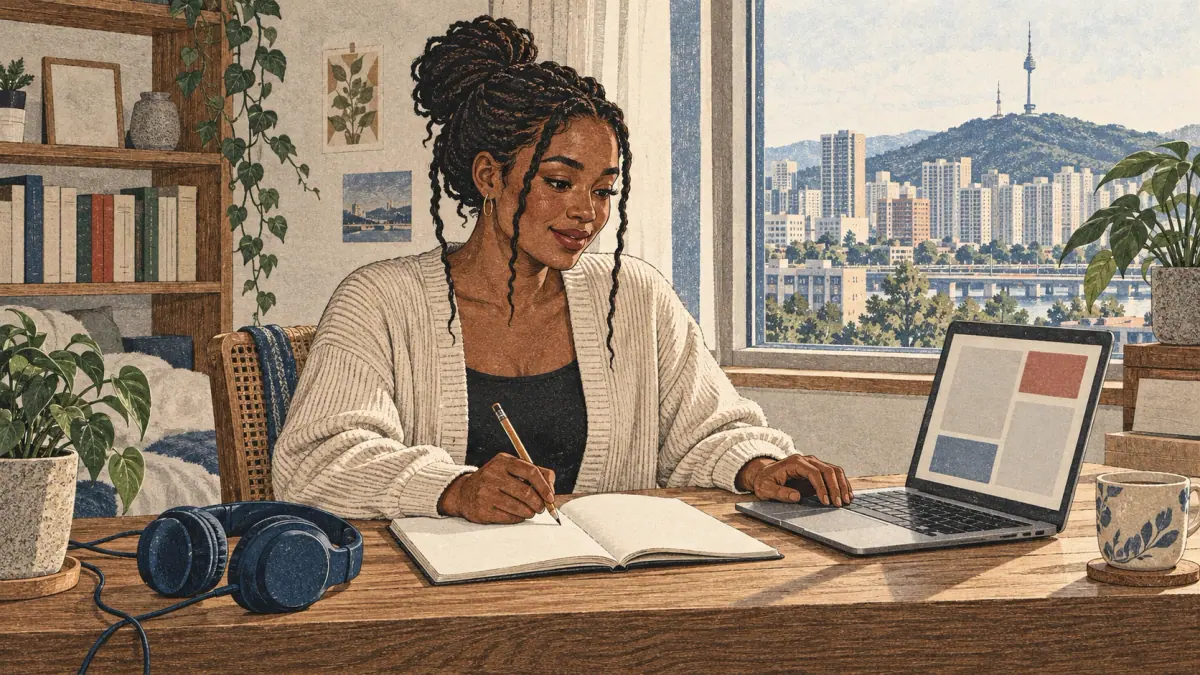 An adult learner studies Korean with a laptop, notebook and headphones in a Seoul apartment.