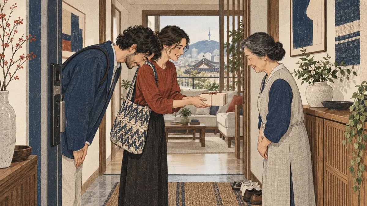 Adult learners bow and offer a gift with both hands to an older Korean host at an apartment entrance.