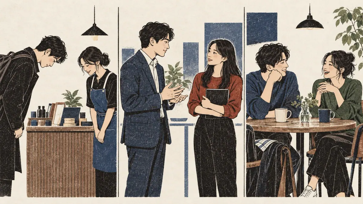 Three situations show a small bow, respectful conversation and friends agreeing before speaking casually.