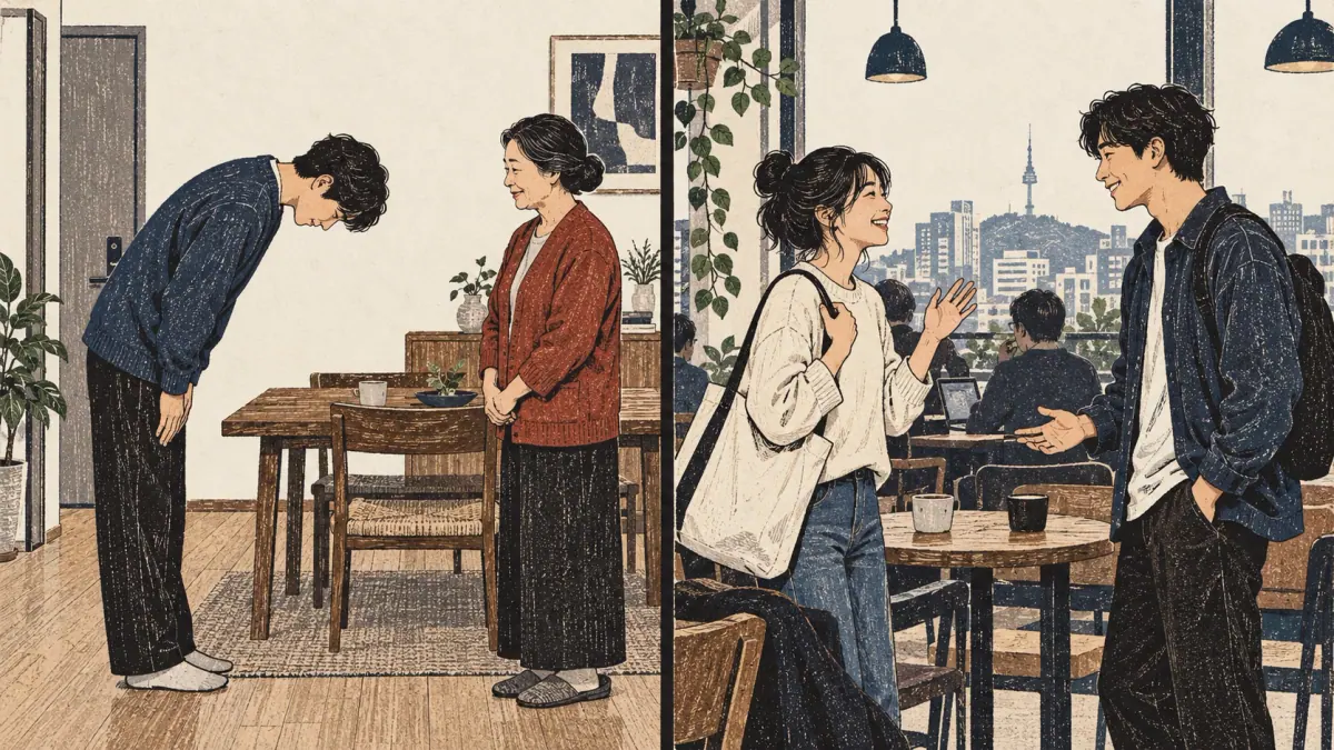 An adult bows to an elder while a same-age friend receives a relaxed greeting in a cafe.