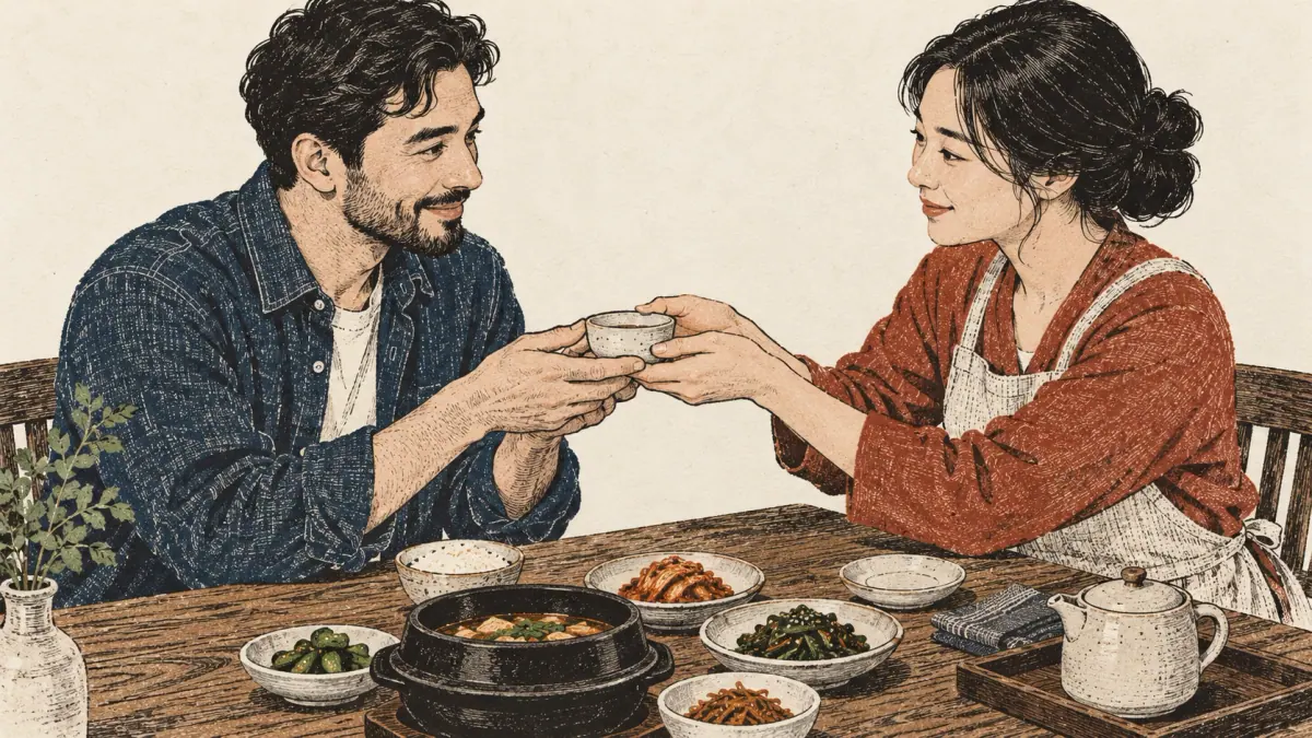 A guest receives a ceramic cup with both hands from a Korean host at a dining table.