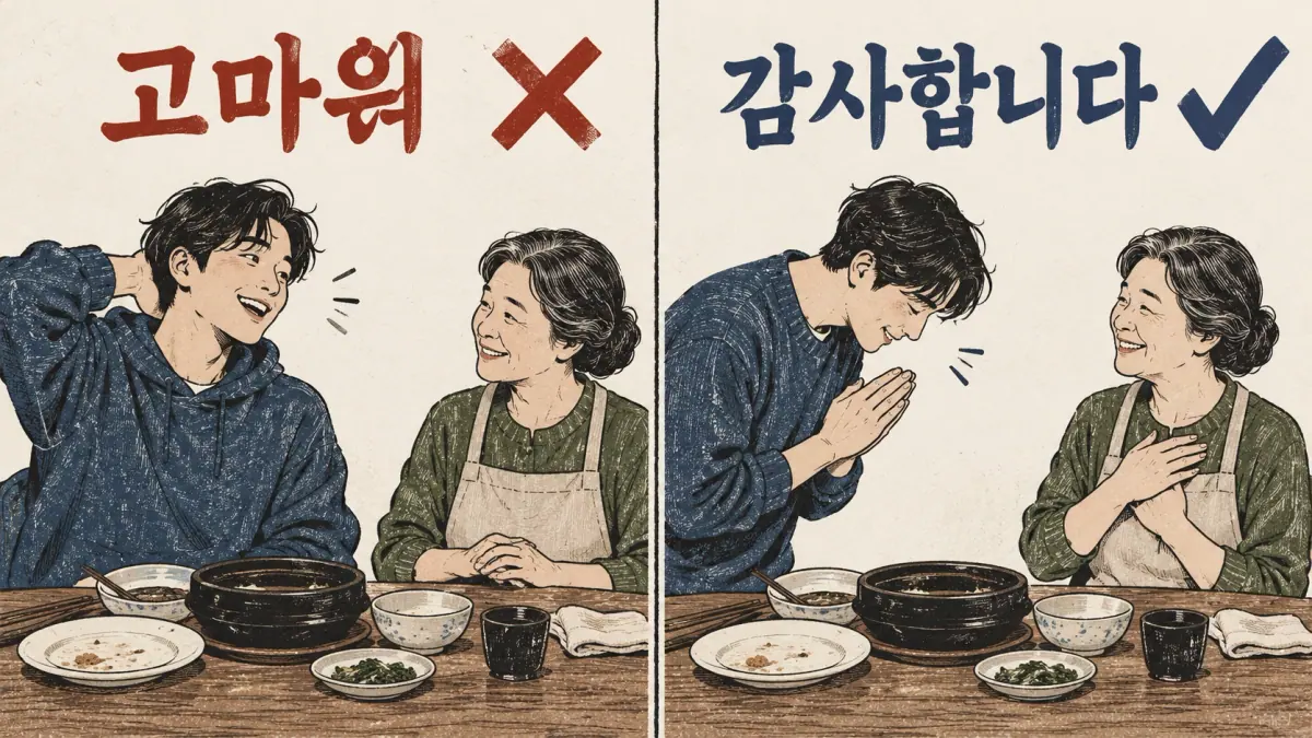 A crossed-out 고마워 and checked 감사합니다 compare casual thanks with respectful thanks to an elder.