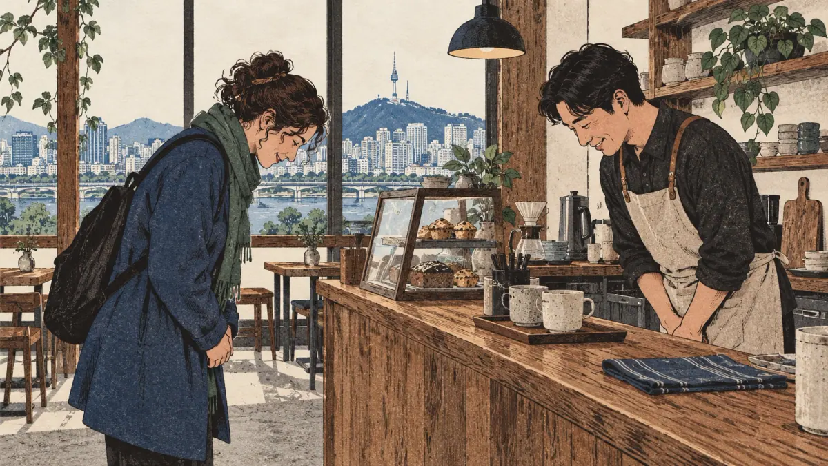 A learner and a Korean cafe owner exchange small bows and welcoming smiles.