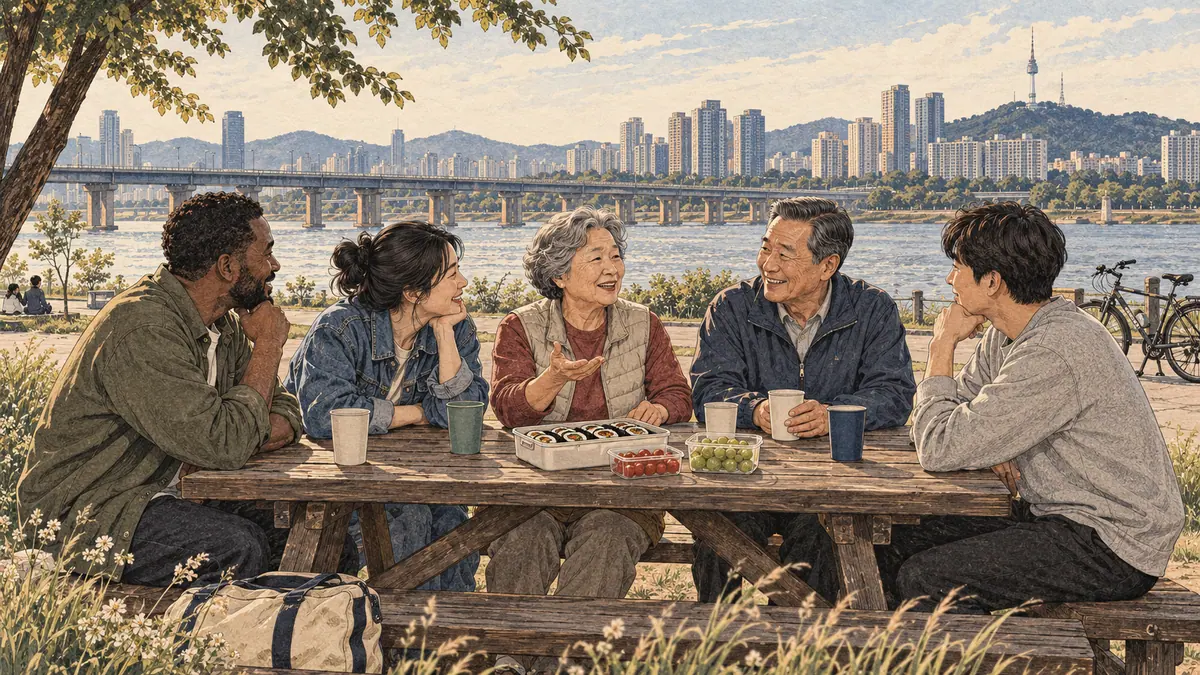 Adults of different generations converse beside the Han River in Seoul.
