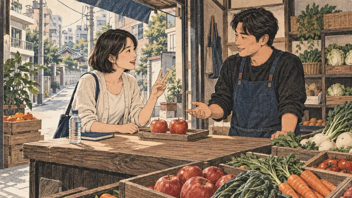 A Mandarin-speaking learner practises requesting two apples with a Korean tutor in a Seoul produce shop.