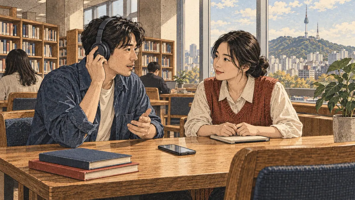 A Japanese-speaking learner practises Korean audio with a language partner in a Seoul library.