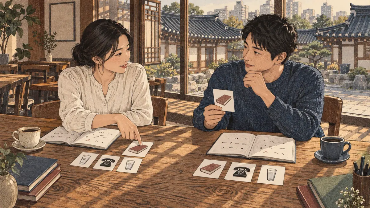 Korean and Japanese language partners compare separate study materials in a Seoul café.