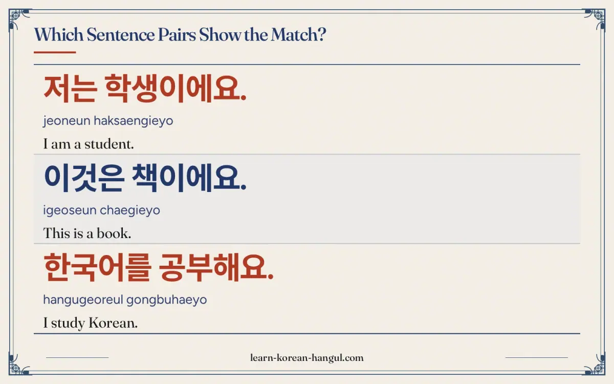 저는 학생이에요. · jeoneun haksaengieyo · I am a student. · Which sentence pairs show the match?