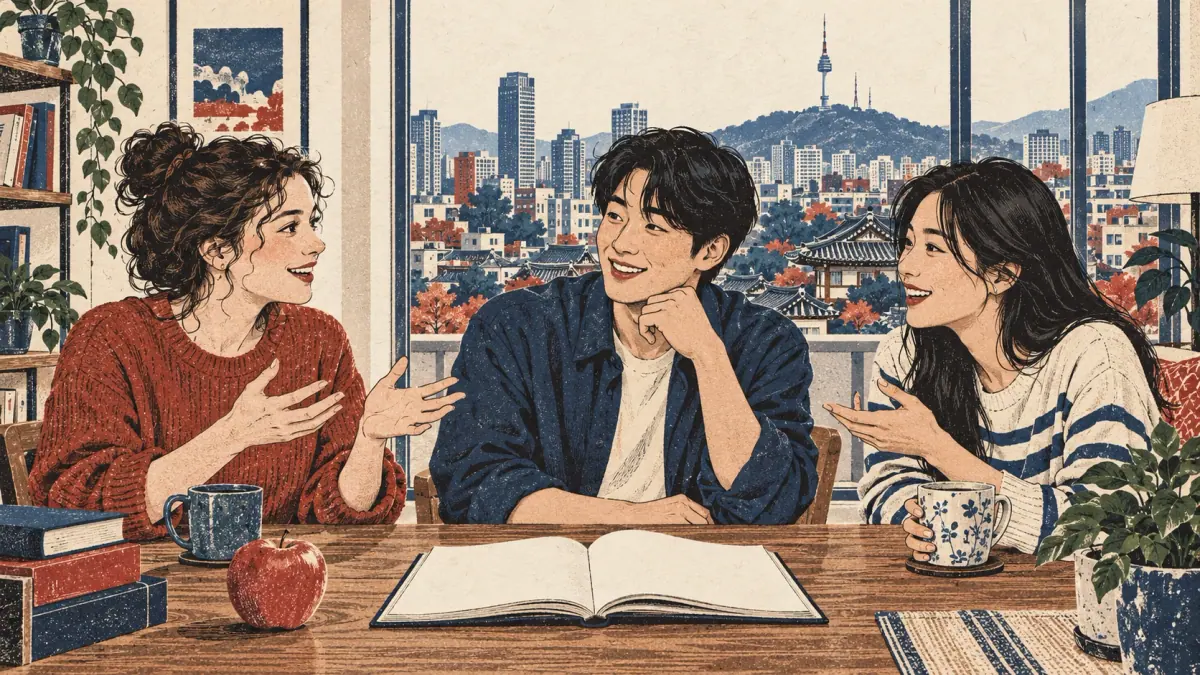 Adult learners and Koreans talk around a table with an apple and open book, overlooking Seoul.
