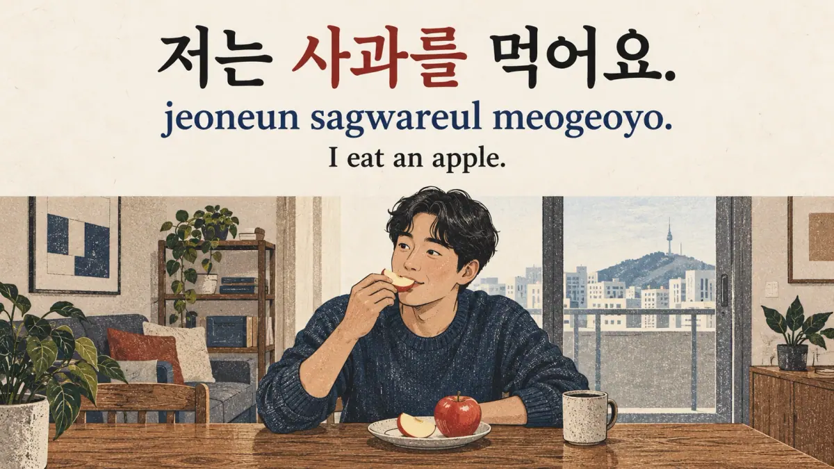 An adult eats an apple: 저는 사과를 먹어요. (jeoneun sagwareul meogeoyo.), I eat an apple.