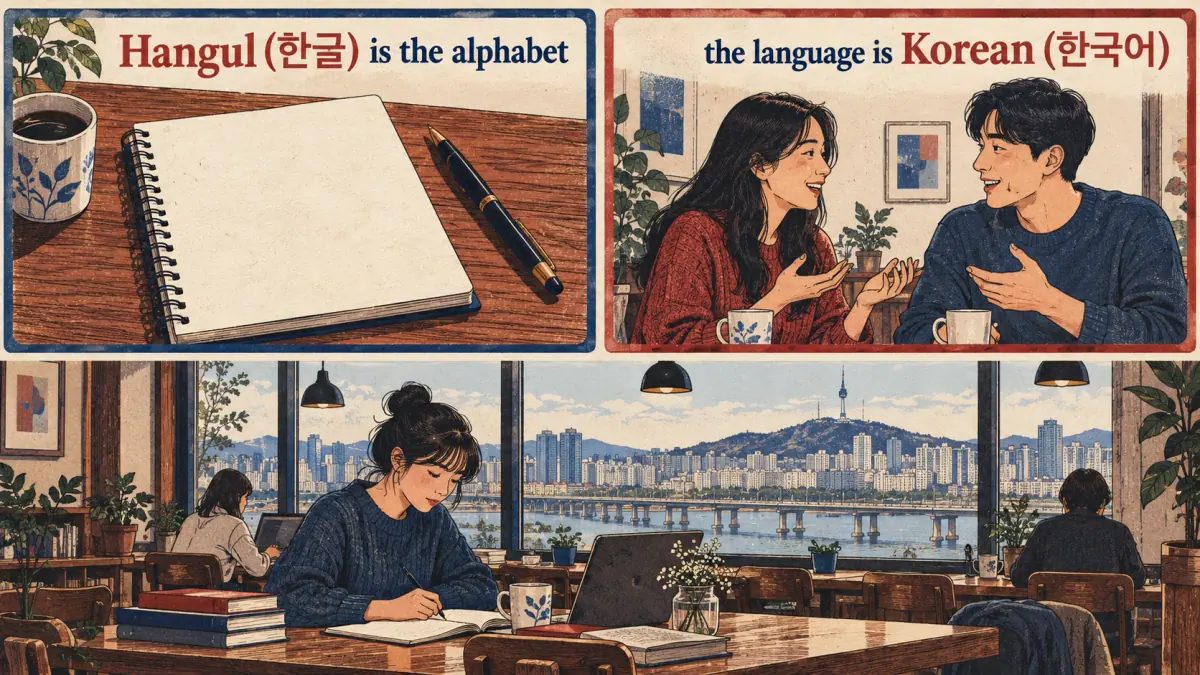 Writing and conversation contrast Hangul (한글), the alphabet, with Korean (한국어), the language.