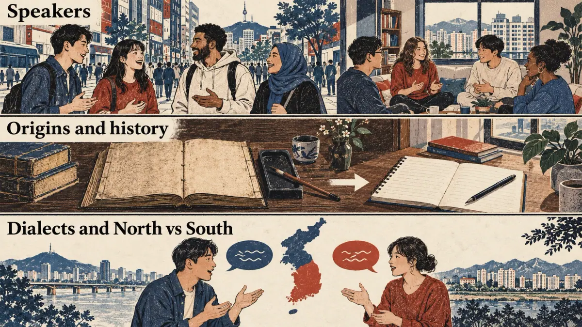 Three illustrated topics: speakers conversing, manuscripts for history, and regional conversations for dialects.