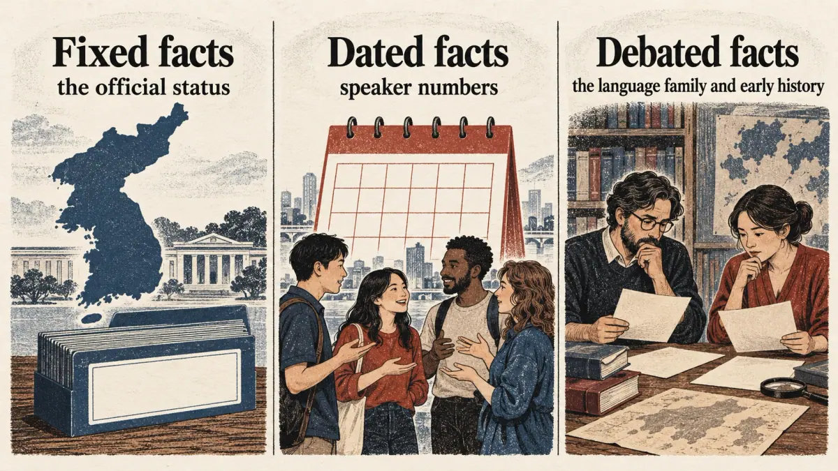 Three columns distinguish fixed official status, dated speaker numbers and debated language family and early history.