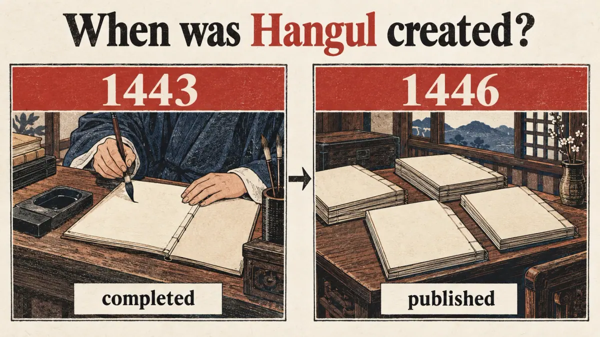 Two manuscript scenes distinguish Hangul's completion in 1443 from publication in 1446.