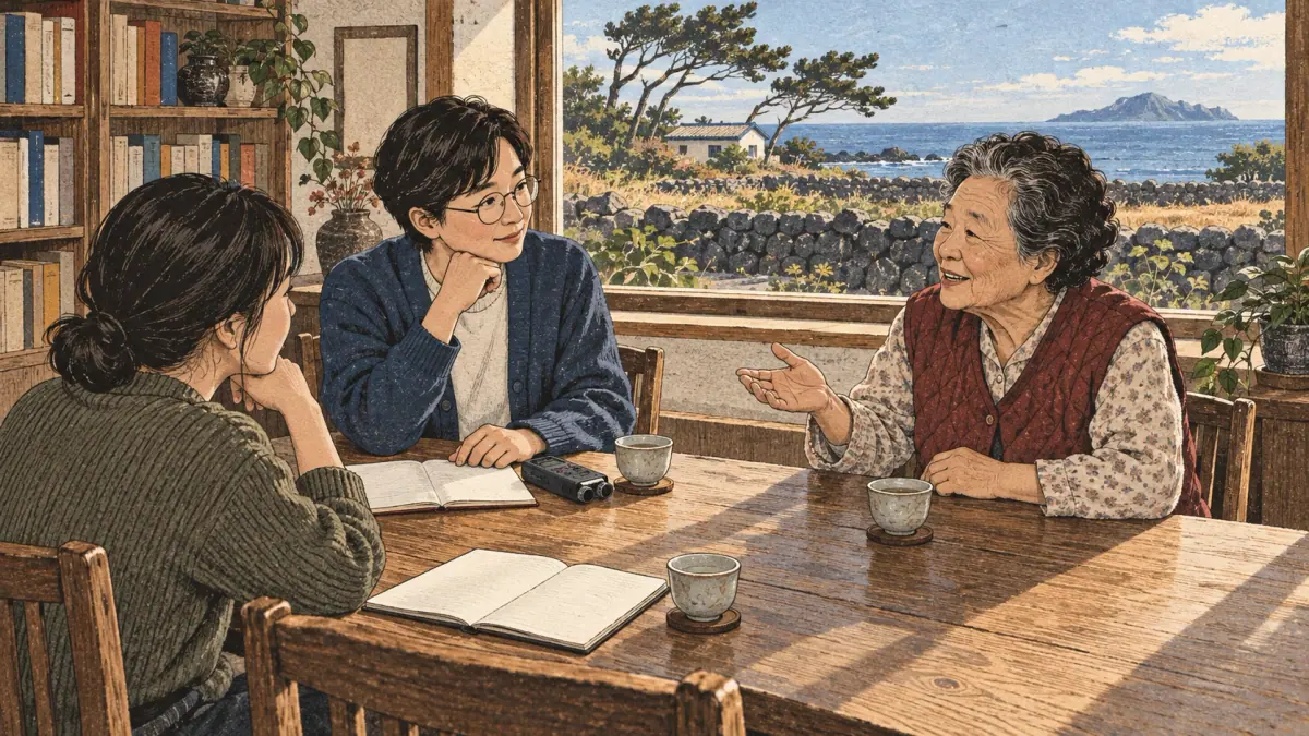 A linguist and learner listen to an older Jeju speaker in a community archive.