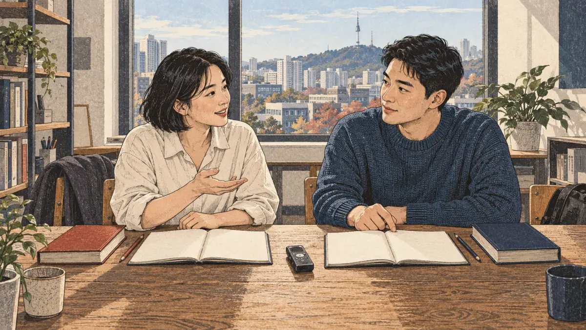 Korean and Mandarin-speaking students compare notebooks during a language exchange in Seoul.