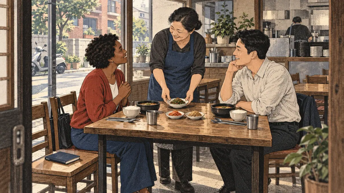 An English-speaking learner practices polite Korean during lunch with a friend in Seoul.