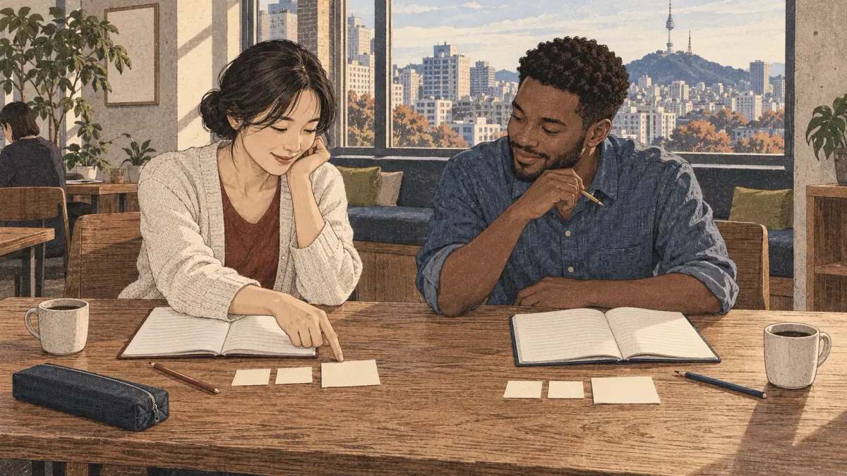 Two adult learners compare separate grammar notebooks in a Seoul study café.