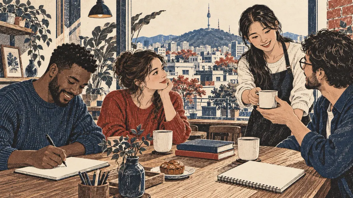 Adult learners compare study notes over coffee in a Seoul café overlooking Namsan tower.