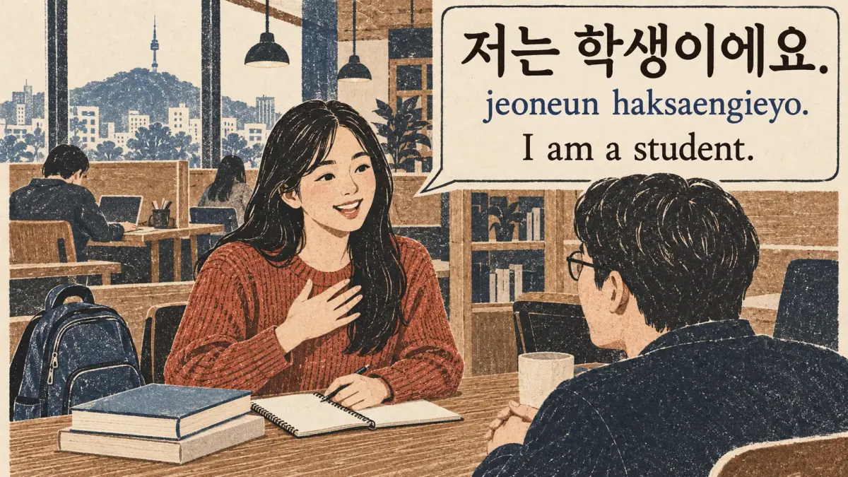 A student introduces herself: 저는 학생이에요. (jeoneun haksaengieyo.), I am a student.