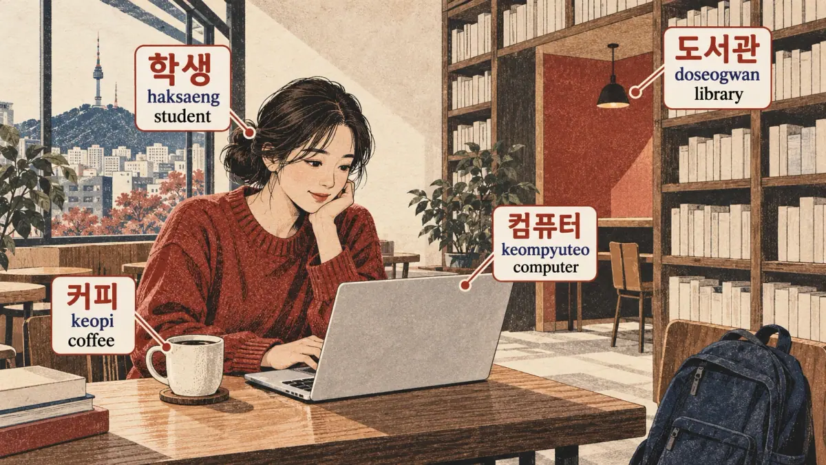 Café-library labels: 커피 (keopi), 컴퓨터 (keompyuteo), 도서관 (doseogwan), 학생 (haksaeng).