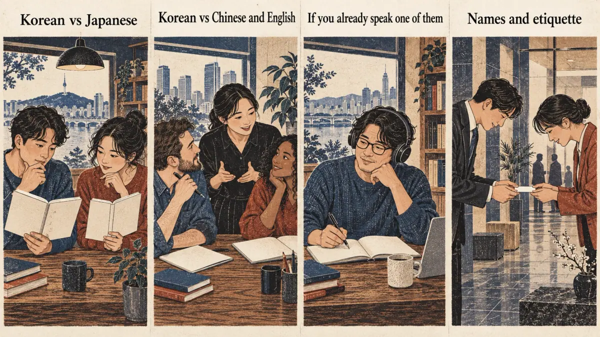 Four illustrated comparison topics: Japanese, Chinese and English, prior language knowledge, and names and etiquette.