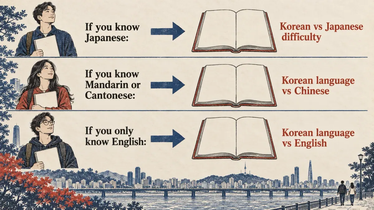 Three reading paths lead Japanese, Mandarin or Cantonese, and English speakers to their Korean comparison pages.
