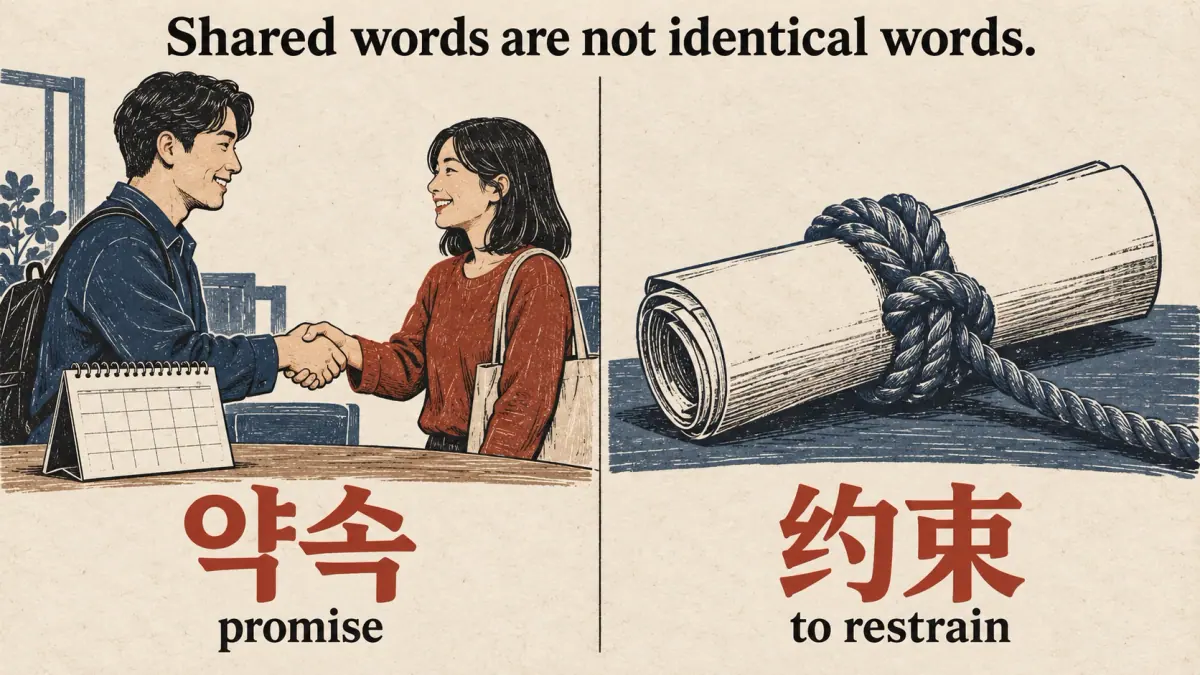 약속 means promise; Mandarin 约束 means to restrain, illustrated by friends and a tied bundle.