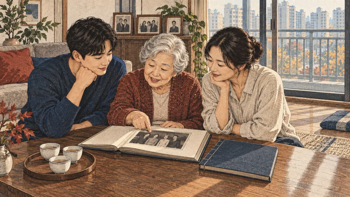 Three Korean adults discuss family ancestry with an album in a modern Seoul apartment.