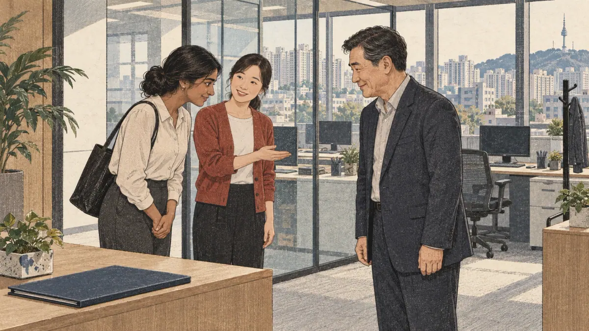 A new colleague respectfully greets a senior manager in a contemporary Seoul office.