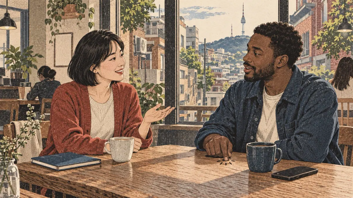 Two adults practice saying a Korean name at a Seoul café, tapping an even rhythm on the table.