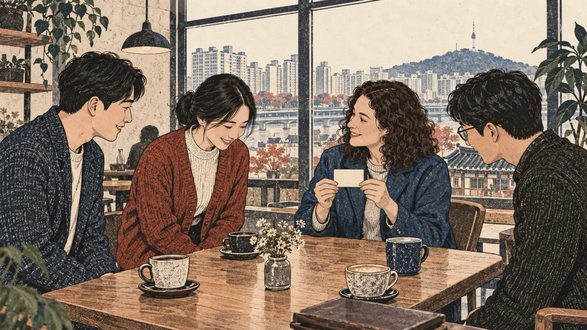 Adult learners and Koreans introduce themselves over coffee in Seoul.