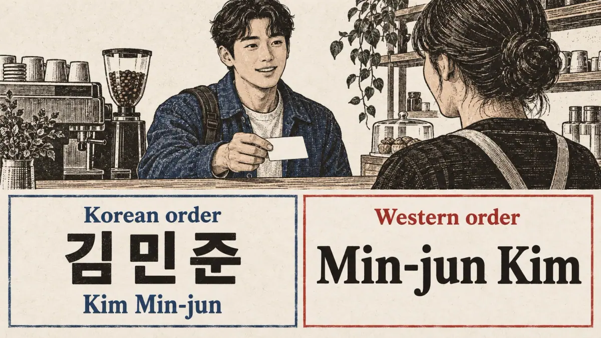 Kim Min-jun (김민준) introduces himself; paired cards compare Korean and Western name order.