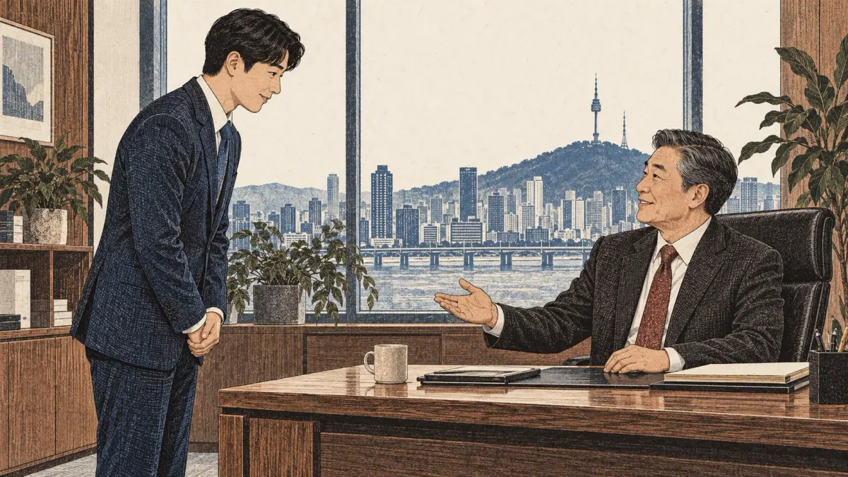 A junior employee politely greets a senior colleague with a small bow in a Seoul office.