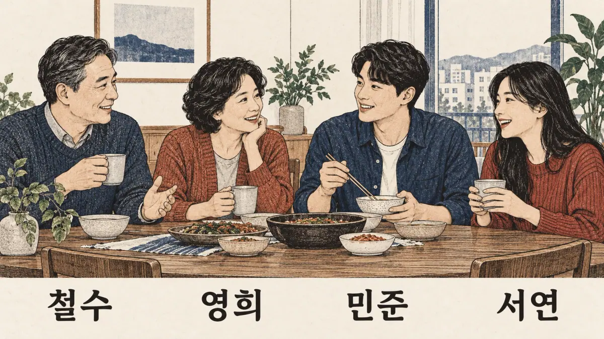 Older and younger Korean adults with names 철수, 영희, 민준 and 서연 illustrate changing name fashions.