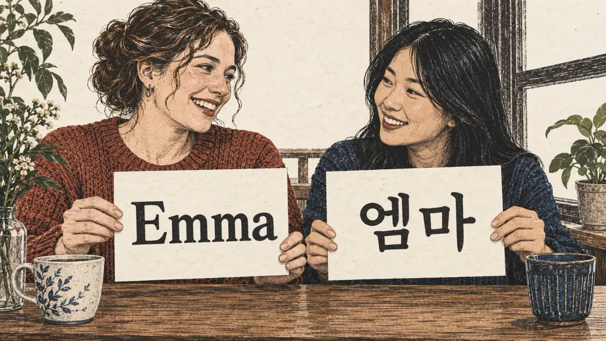 Two adult learners show matching name cards, Emma in English and 엠마 in Korean.