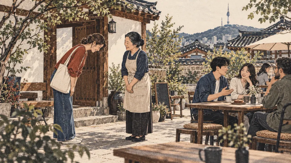 An adult learner bows slightly to an older Korean teacher while friends chat in a Seoul cafe courtyard.
