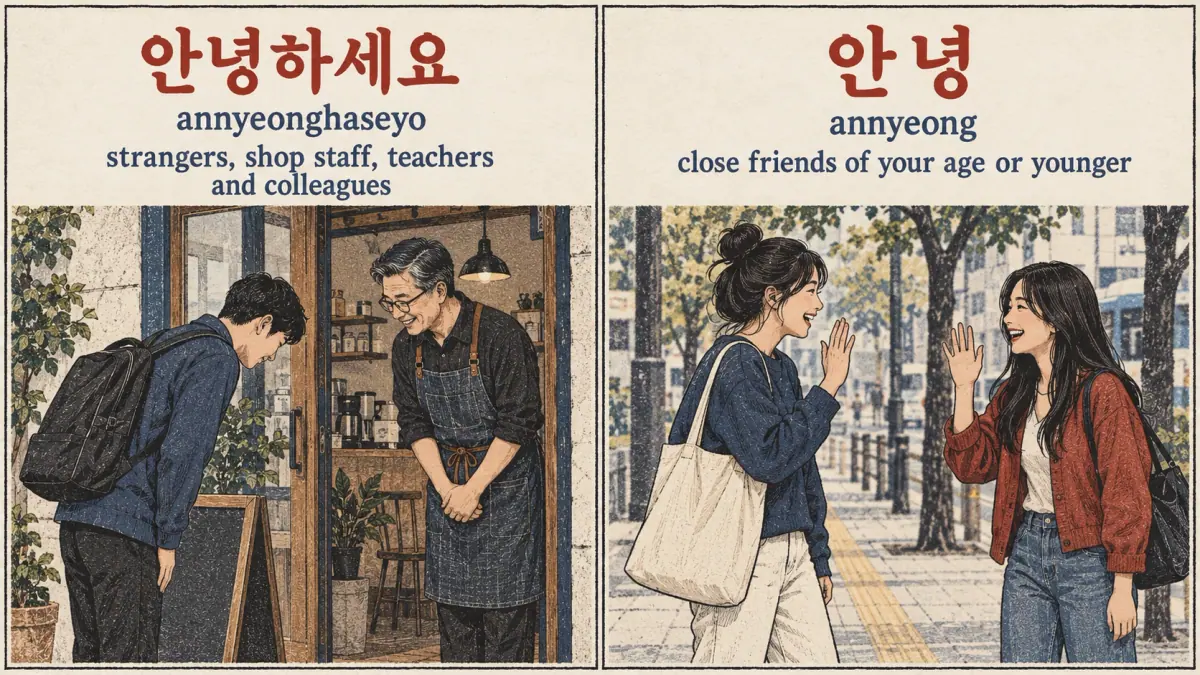Two greeting situations: 안녕하세요 (annyeonghaseyo) with an older teacher; 안녕 (annyeong) between close adult friends.