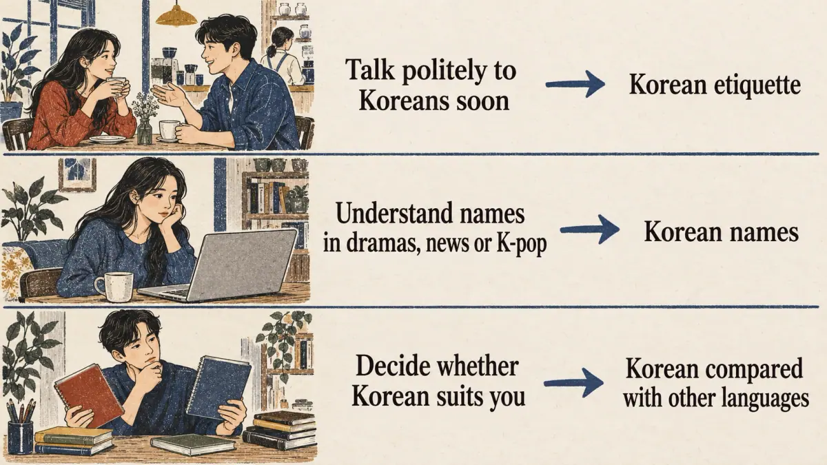 Three reading paths pair polite conversation with etiquette, name questions with Korean names, and language choice with comparisons.