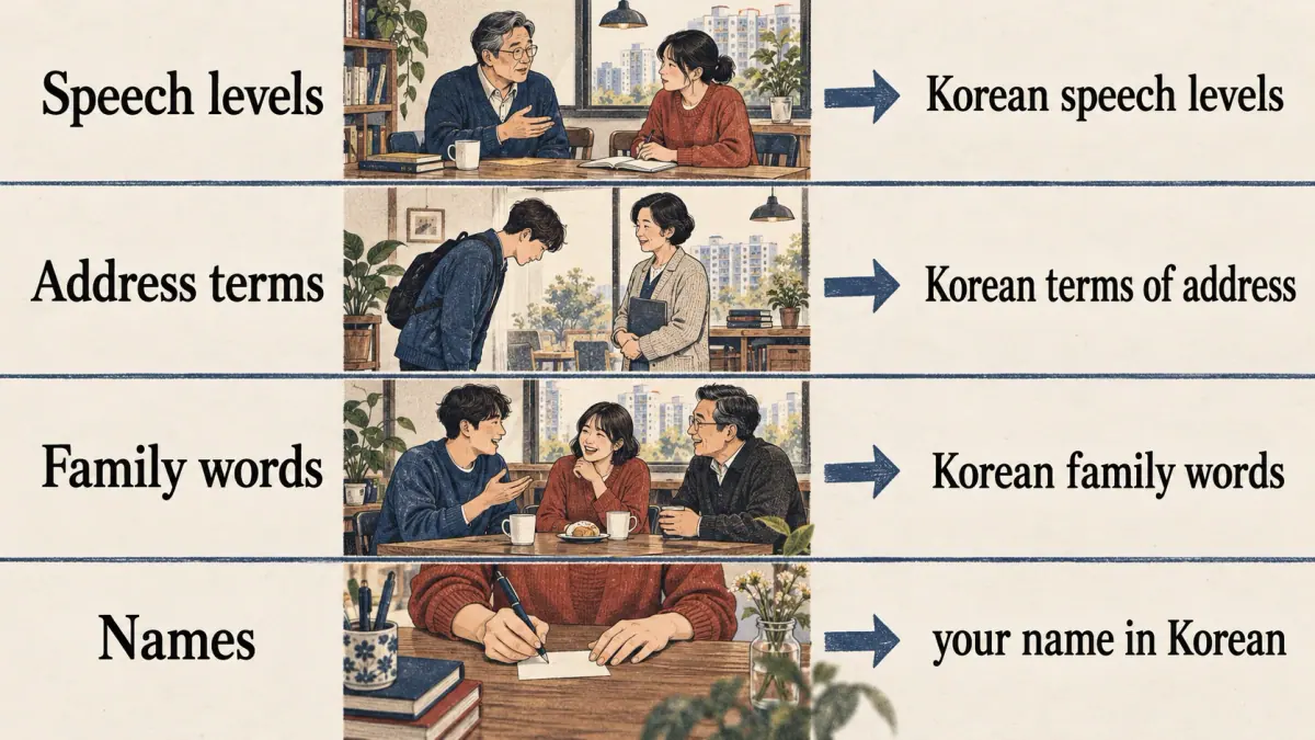 Four illustrated rows connect cultural speech levels, address terms, family words and names to language lessons.