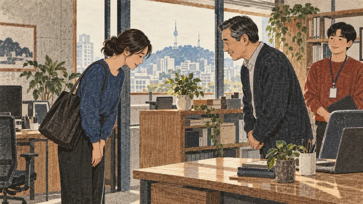 A learner greets an older Korean colleague respectfully in a quiet workplace, illustrating polite speech and a title as safe defaults.
