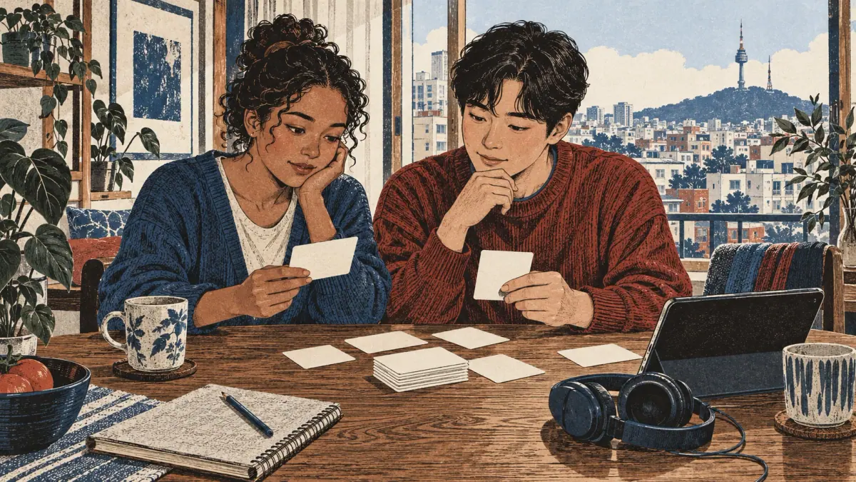Two adult learners review shuffled blank flashcards at a Seoul apartment table.