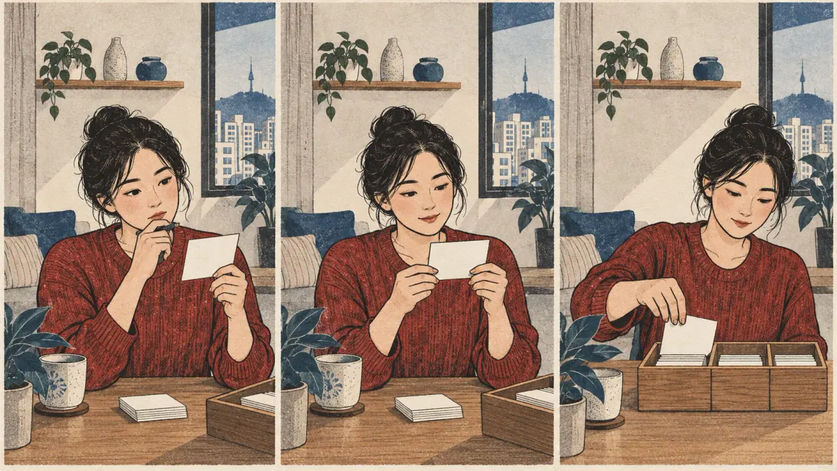 Three scenes show thinking before turning a flashcard, checking the answer and sorting the card for review.