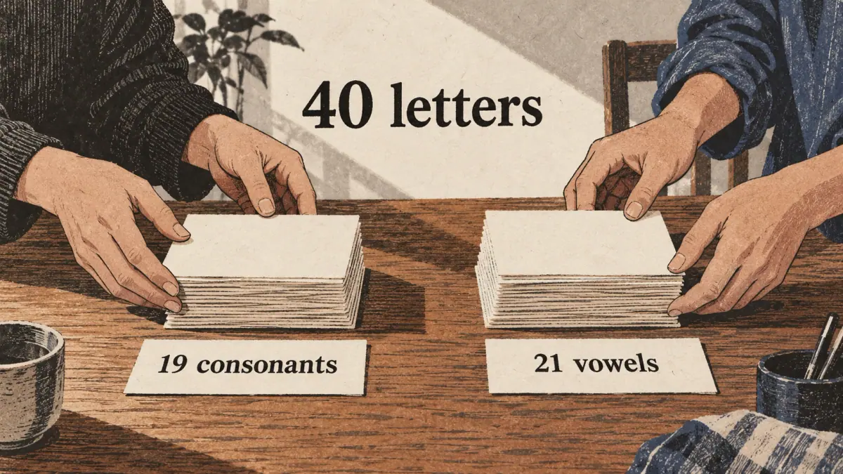 Two stacks of cards represent 19 consonants and 21 vowels, together 40 letters.